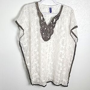 Authentic Gear White Lace Cover-up with Brown Embroidered Trim, Size S/M